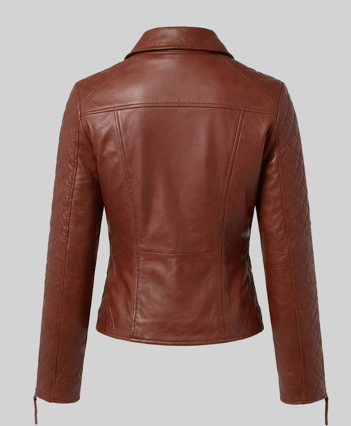 Quilted Sleeves and Zip-Up Brown Leather Jacket Womens