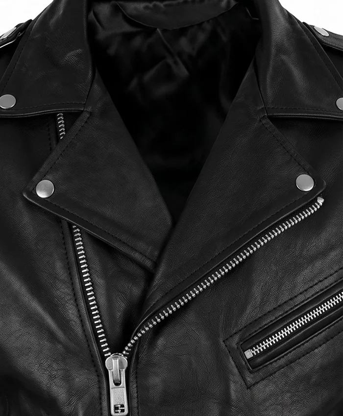 Real Leather Black Motorcycle Biker Jacket For Mens Detailed Collar