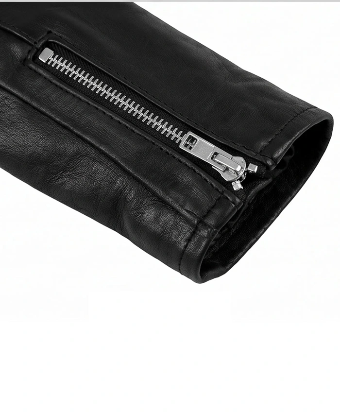 Real Leather Black Motorcycle Biker Jacket For Mens Detaileds Cuffs
