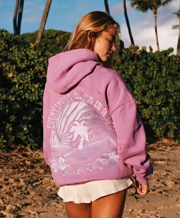 Recreation – Everything Comes In Waves Pink Palm Puff Oversized Hoodie