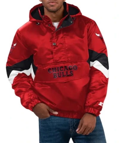 Chicago Bulls Force Play Pullover Hoodie Half-Zip Satin Red Jacket