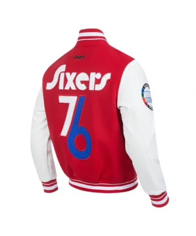 RedWhite Philadelphia 76ers 202425 City Edition Varsity WoolLeather Jacket