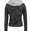 Removable Hood Black Biker Leather Jacket Back View Women