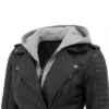 Removable Hood Black Biker Leather Jacket For Women Front View