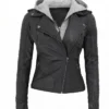 Removable Hood Black Biker Leather Jacket Front View Women