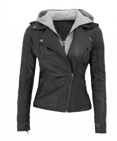 Removable Hood Black Biker Leather Jacket Front View Women