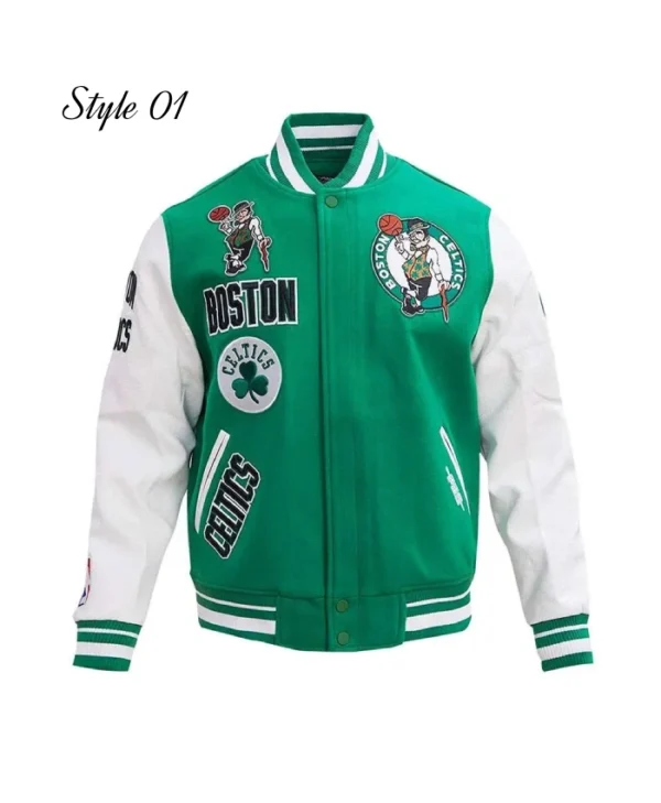 Boston Celtics Retro Classic Rib WoolLeather Varsity GreenOff White Jacket