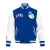 BlueWhite Sacramento Kings 202425 City Chenille Varsity WoolLeather Jacket