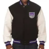Domestic Sacramento Kings Full-Snap BlackWhite Varsity WoolLeather Jacket
