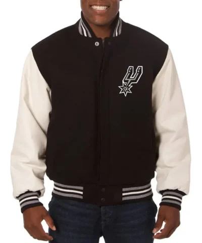 San Antonio Spurs Domestic WoolLeather Varsity Black and White Jacket