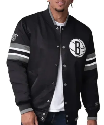 Shop Brooklyn Nets Scout I Varsity Full-Snap Satin Black Jacket