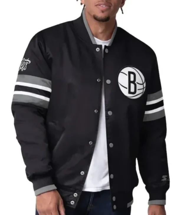 Shop Brooklyn Nets Scout I Varsity Full-Snap Satin Black Jacket
