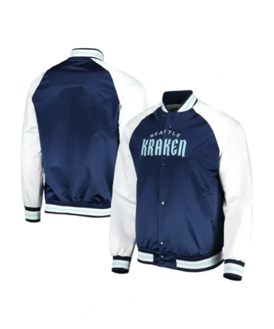 BlueWhite Seattle Kraken Primetime Varsity Satin Jacket