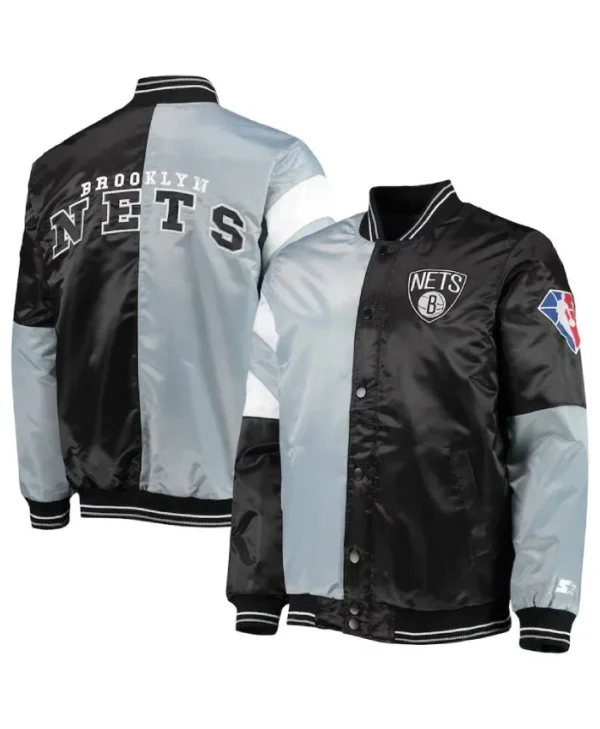 75th Anniversary Leader Brooklyn Nets Color Block Gray and Black Satin Jacket