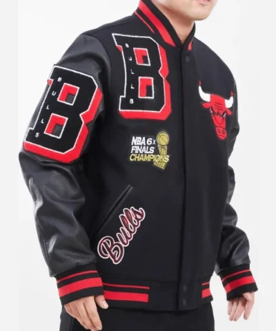 Black Chicago Bulls Mashup Varsity Full-Snap WoolLeather Jacket