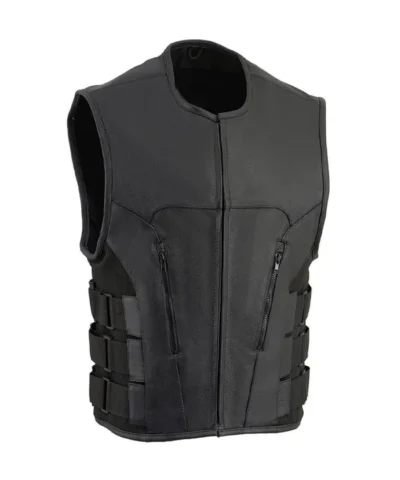 Black Cowhide Leather Biker Vest For Mens