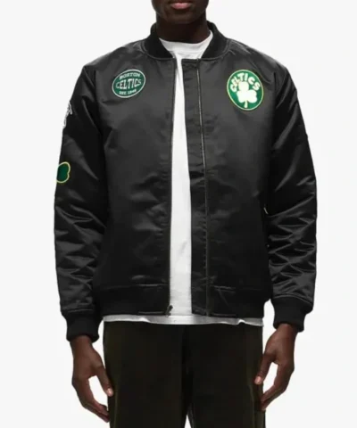 Shop Boston Celtics Full-Zip Satin Black Bomber Jacket