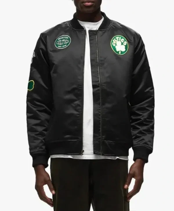 Shop Boston Celtics Full-Zip Satin Black Bomber Jacket