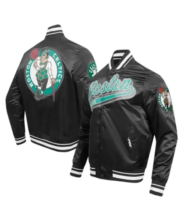Boston Celtics Script Tail Full-Snap Satin Black Jacket