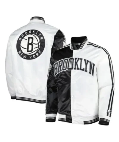 Brooklyn Nets Fast Break Full-Snap Satin Black and White Jacket