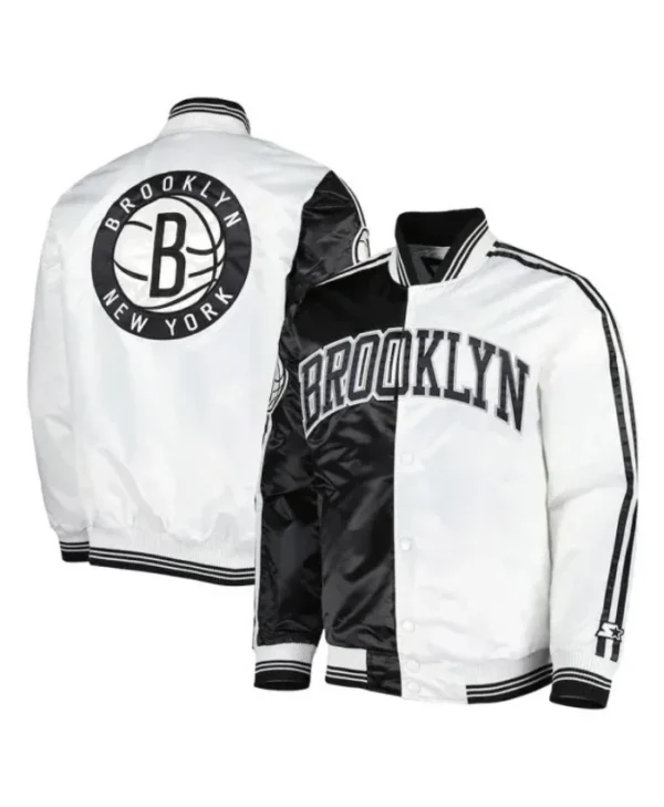 Brooklyn Nets Fast Break Full-Snap Satin Black and White Jacket