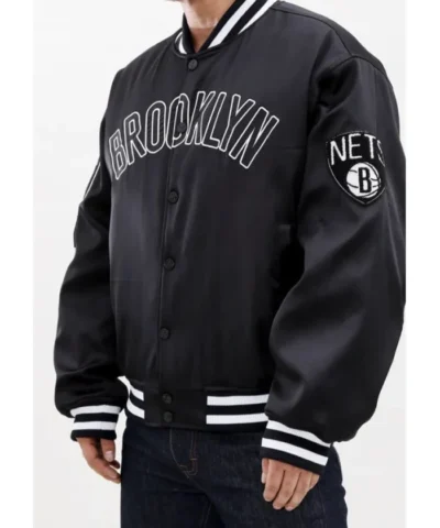 Brooklyn Nets Full-Snap Satin Black Bomber Jacket
