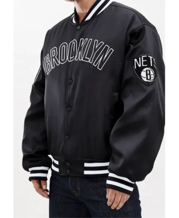 Brooklyn Nets Full-Snap Satin Black Bomber Jacket
