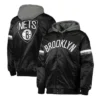 Brooklyn Nets Full-Snap Satin Black Jacket with Gray Hood
