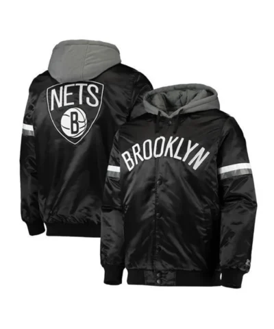 Brooklyn Nets Full-Snap Satin Black Jacket with Gray Hood