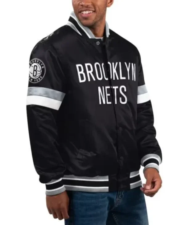 Brooklyn Nets Home Game Varsity Full-Snap Satin Black Jacket