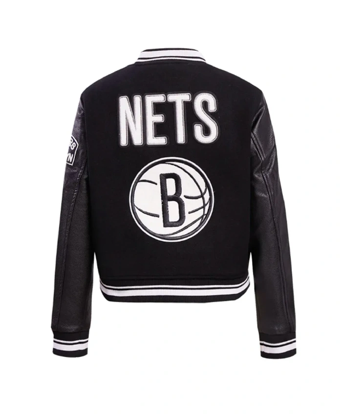 Brooklyn Nets Retro Classic Varsity Full-Zip CreamBlack WoolLeather Jacket