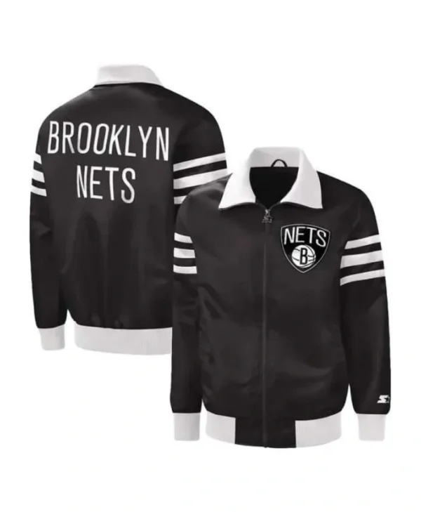 Brooklyn Nets The Captain II Full-Zip Varsity Satin Full-Zip Black Jacket
