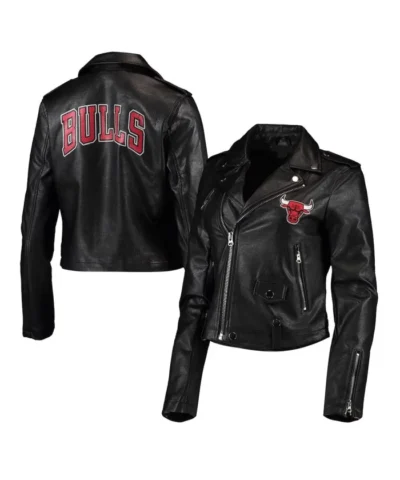 Chicago Bulls Black Leather Full-Zip Moto Jacket
