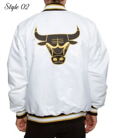 Chicago Bulls Bomber Varsity White Full-Snap Satin Jacket