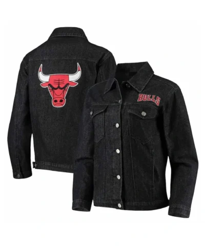 Chicago Bulls Patch Button-Up Denim Black Jacket