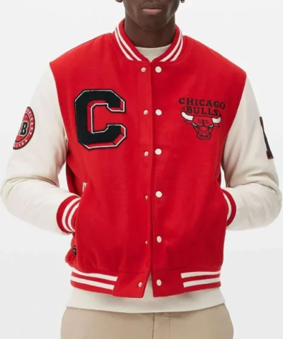 Chicago Bulls Red and Off White Varsity Full-Snap WoolLeather Jacket