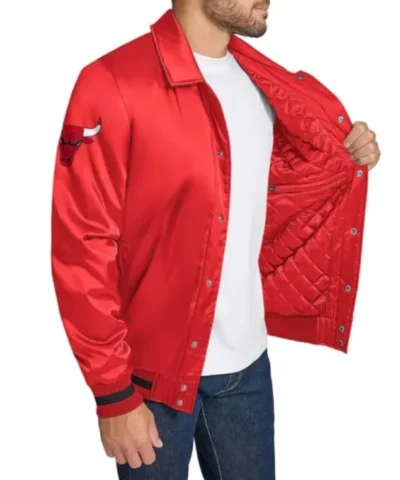 Chicago Bulls Stitch Applique Full-Snap Red Varsity Satin Jacket