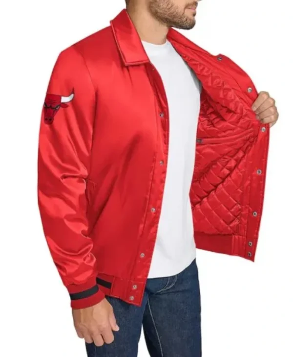 Chicago Bulls Stitch Applique Full-Snap Red Varsity Satin Jacket