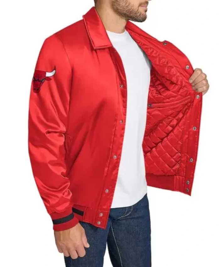 Chicago Bulls Stitch Applique Full-Snap Red Varsity Satin Jacket