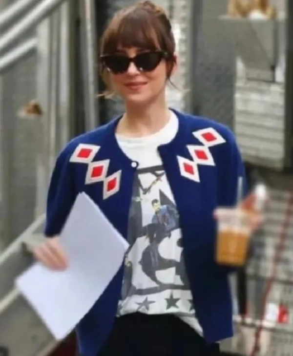 Materialists 2025 Dakota Johnson Blue Argyle Cardigan