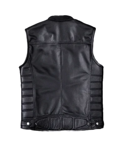 Men’s Black Zipper Pockets Leather Biker Vest