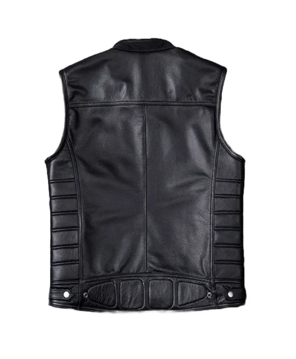 Men’s Black Zipper Pockets Leather Biker Vest