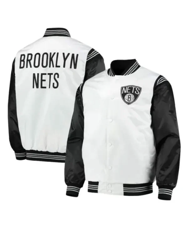 NBA Team Brooklyn Nets Full-Snap Satin White and Black Jacket