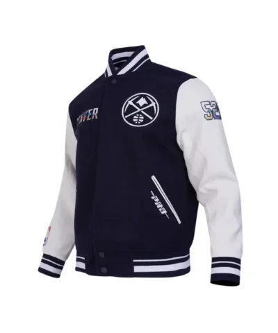 NavyWhite Denver Nuggets 202425 City Edition Chenille Varsity WoolLeather Jacket