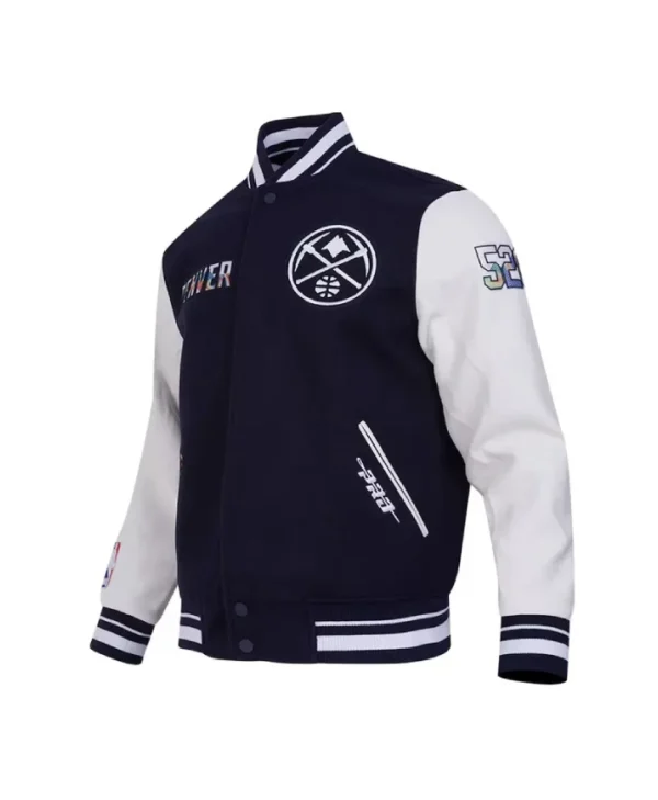 NavyWhite Denver Nuggets 202425 City Edition Chenille Varsity WoolLeather Jacket