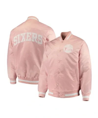 Philadelphia 76ers Full-Snap Pink Varsity Satin Jacket