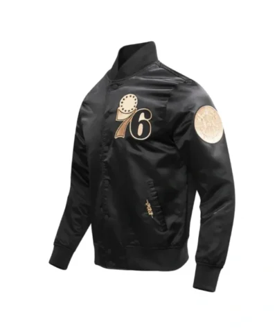 Philadelphia 76ers Gold Logo Full-Snap Satin Black Jacket