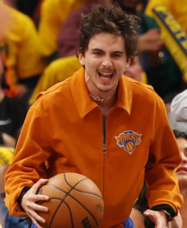 Timothee Chalamet Knicks Game Six Orange Jacket