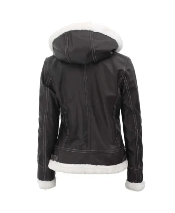 Womens Bomber Leather Jacket with Removable Hood - Image 3