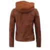 Women’s Cognac Brown Leather Biker Jacket with Attached Hood